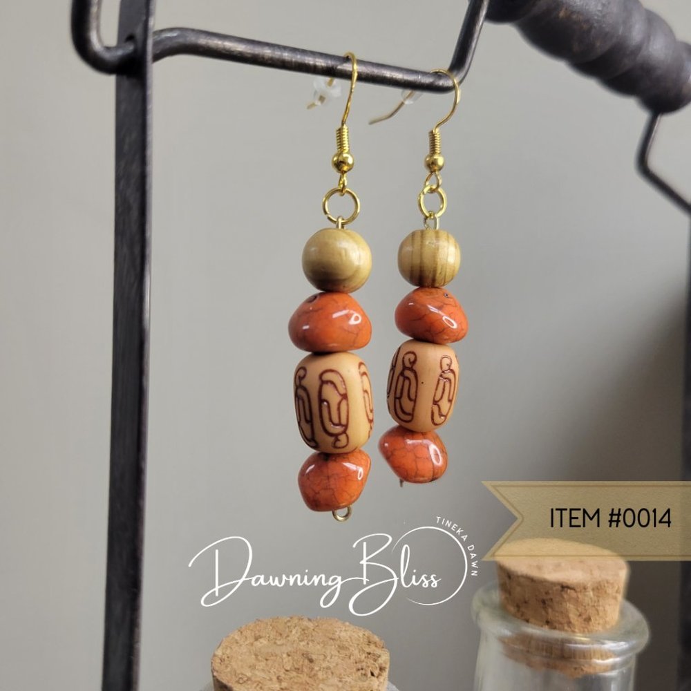 Warm African Fall Vibe, Dangle Beaded Earrings, Wood- By Tineka Dawn